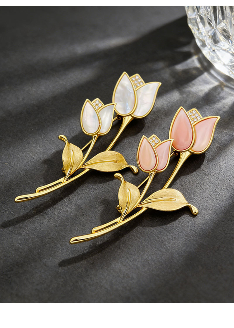 A light luxury and high-end natural mother-of-pearl tulip brooch, copper-plated with real gold and brushed exquisite brooch, new corsages for clothing and accessories pic 13