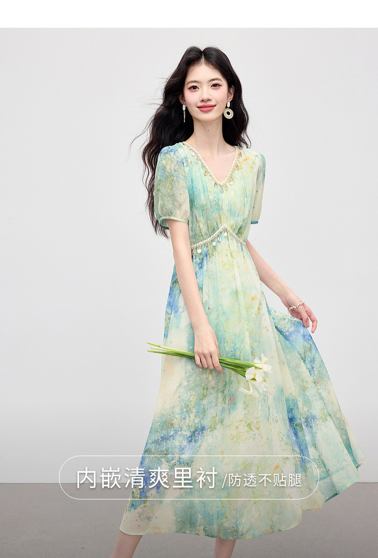 贝壳亮片织带收腰油画晕染裙子女夏小众设计显瘦飘逸波嬉风长裙详情13