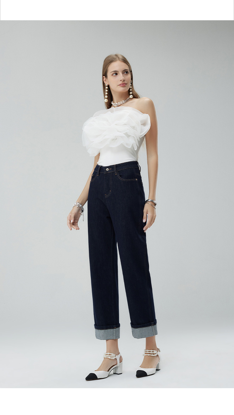 Spring and autumn new light luxury custom jeans, made of dark Lycra fabric, high-waisted, casual and versatile, trendy brand flanged pic 4