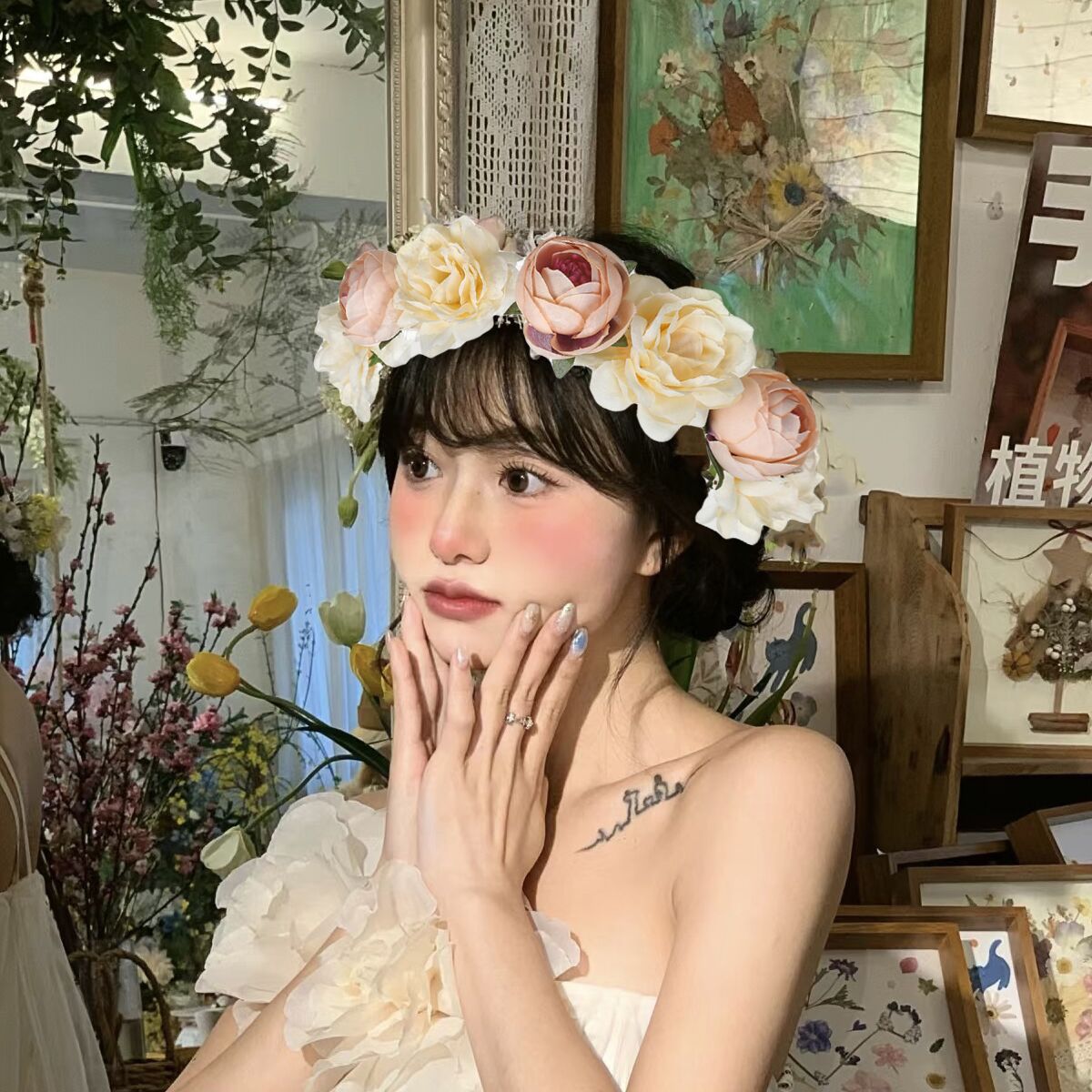 Realistic garland headwear, fabric rose flower bride garland, forest-themed super fairy vacation photography, hair accessory pic 4