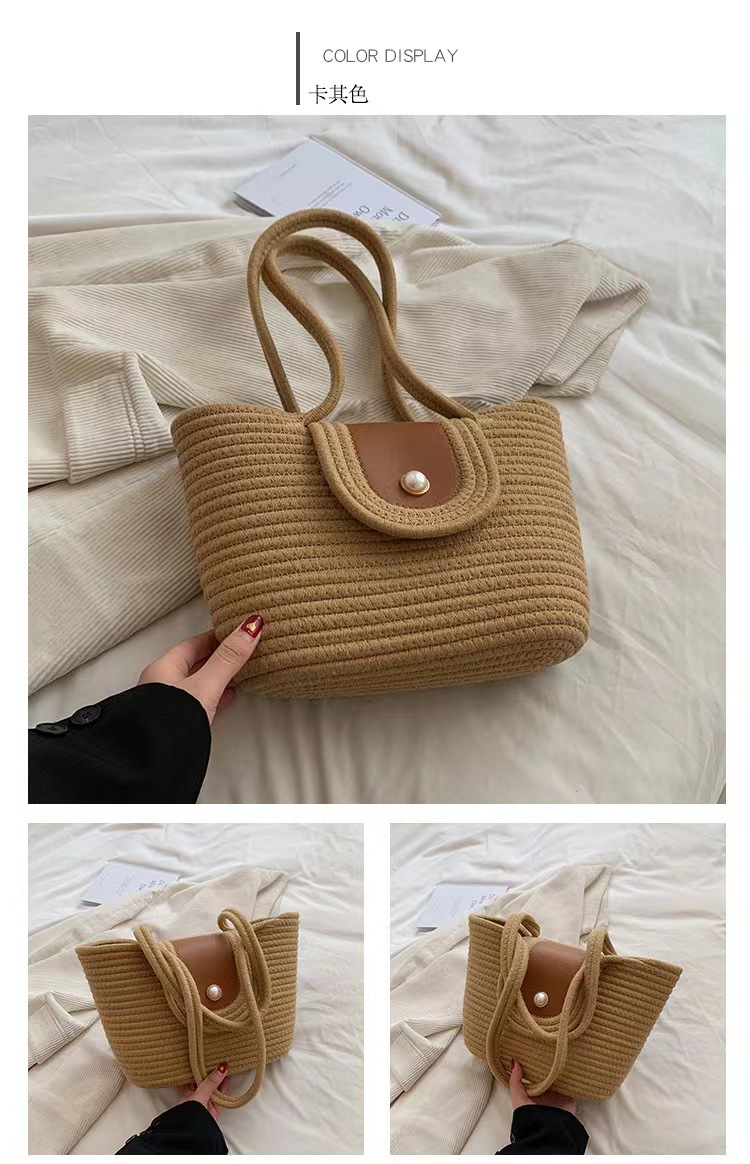 春夏编织女包草编包编织包手提包手拎磁扣棉绳手提包沙滩包竹编包详情3