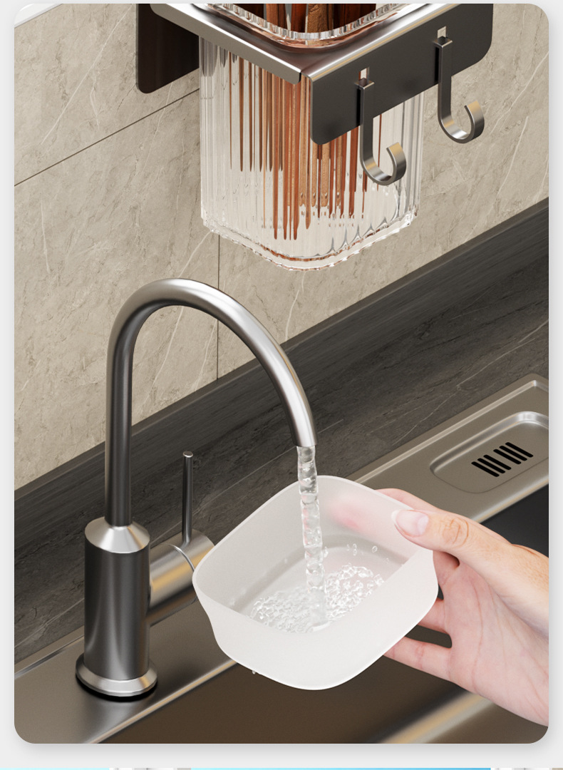 Non-drilling household wall-mounted light luxury chopstick holder, kitchen detachable 筷笼 storage rack, spatula, spoon storage hook pic 14