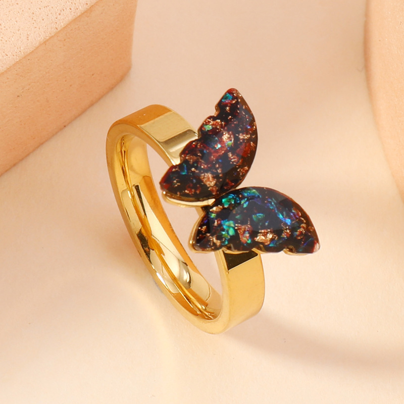 跨境新款时尚钛钢戒指滴彩色油蝴蝶情侣对戒小众精美风不锈钢饰品详情4