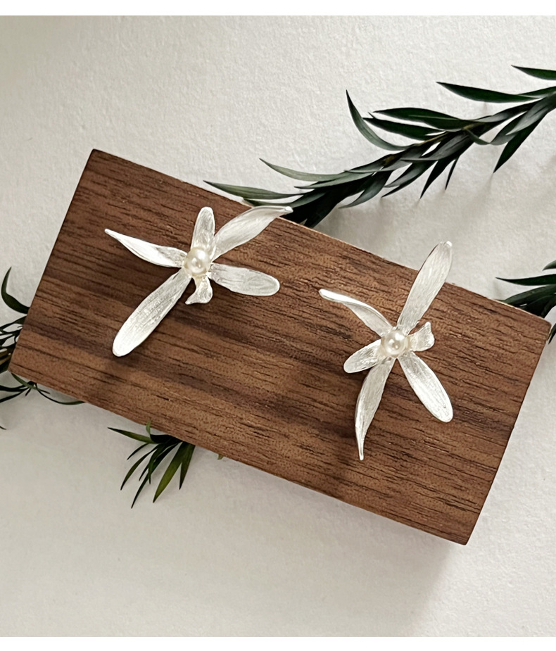 925 sterling silver Shi Family Pearl Orchid Stud earrings for women, simple new Chinese style design, artistic and sweet flower earrings 8705A pic 12