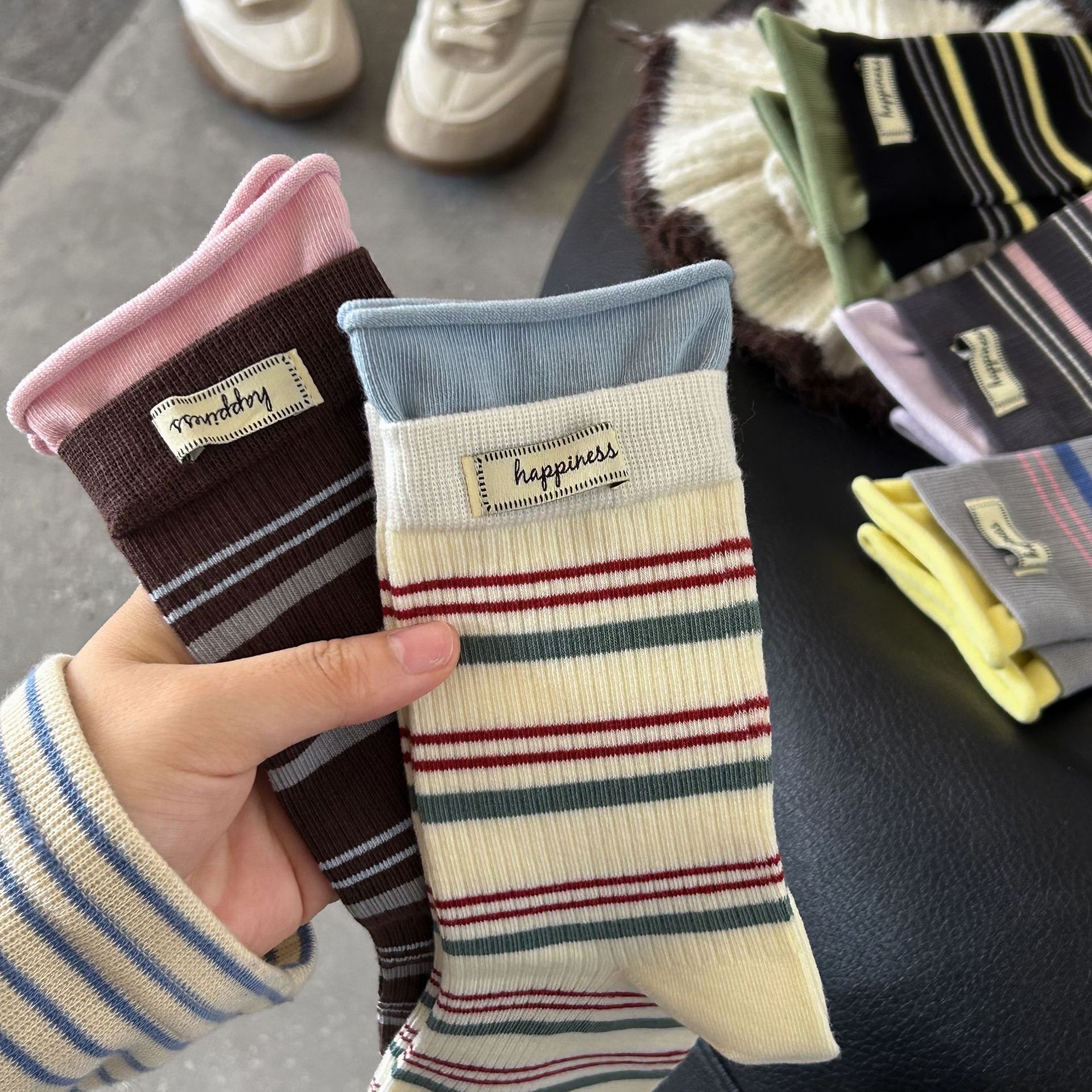 袜子女秋冬撞色布标彩色条纹卷边潮流堆堆袜春秋百搭纯棉中筒袜详情27