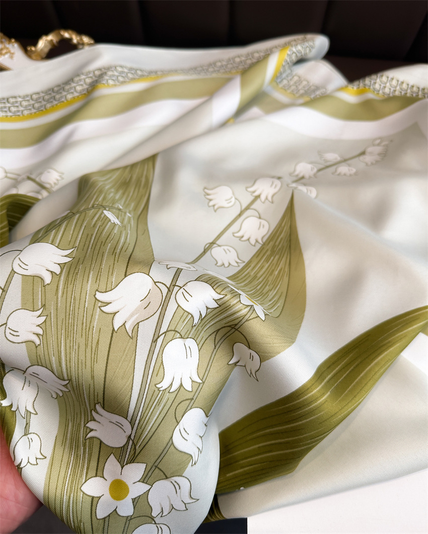 A 90cm new elegant and stylish square scarf with a twill pattern featuring Chinese trend lily of the valley flowers. It is a versatile sun-protective shawl and headscarf for women pic 8