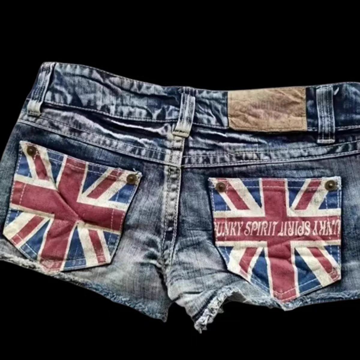 Transfronterizo amazon aliexpress ins europa y Estados Unidos bandera de la calle estampado color de impacto cintura baja sexy slim jeans shorts pic 2