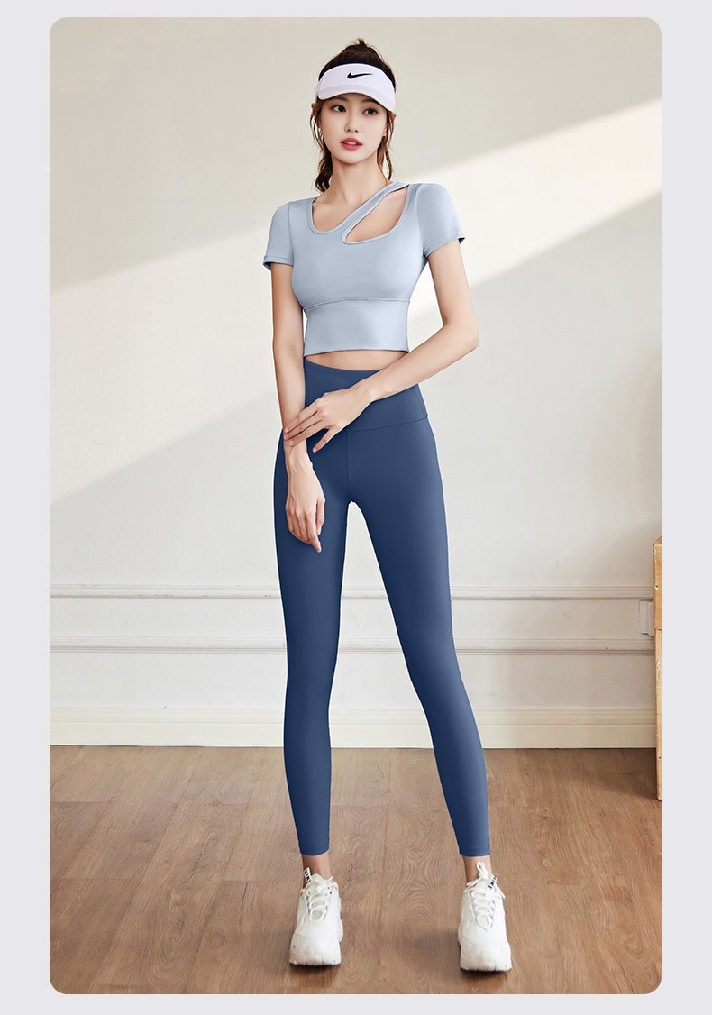 New off-the-shoulder short-sleeved and long pants yoga wear set for women, breathable and slimming, running and exercise one-piece fitness wear pic 19