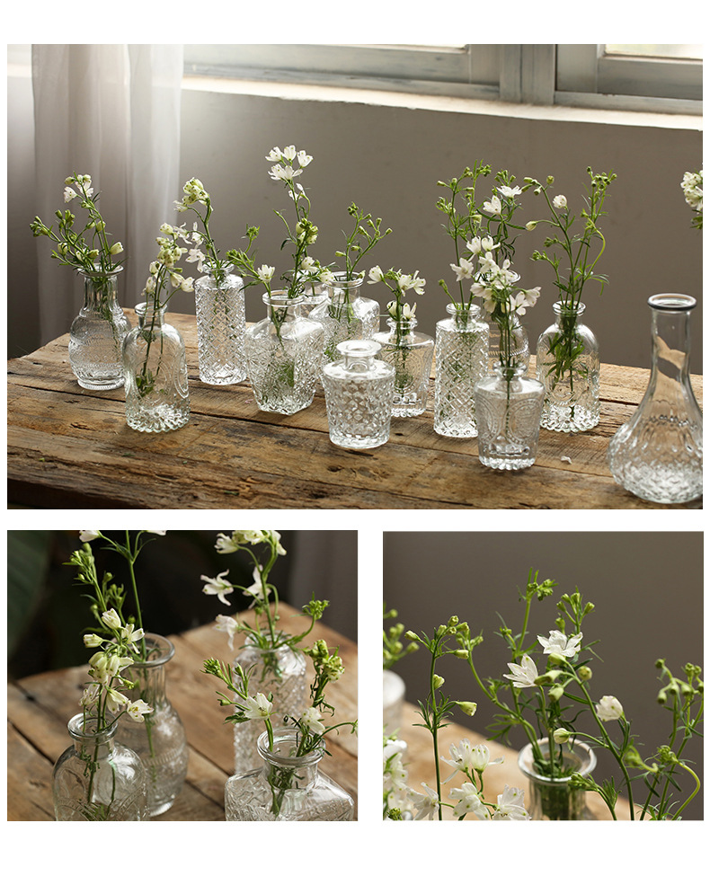 Retro light luxury embossed transparent French glass small vase, ins style home decoration, pocket-sized living room flower arrangement vase pic 13