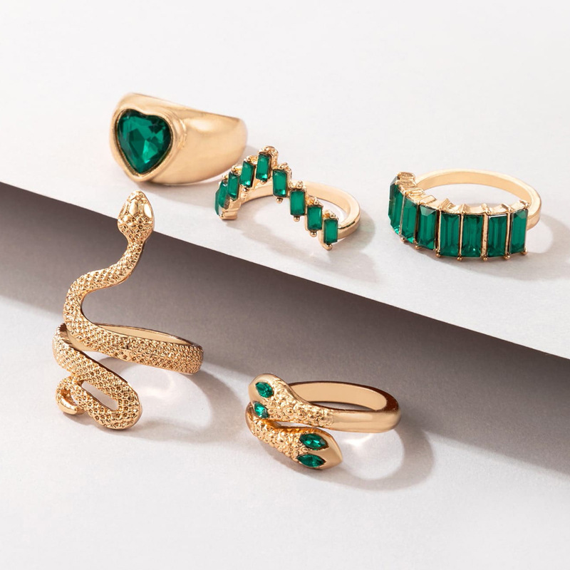 欧美流行饰品戒指手饰 蛇形爱心仿绿宝石镶钻ins风五件套戒指女详情17