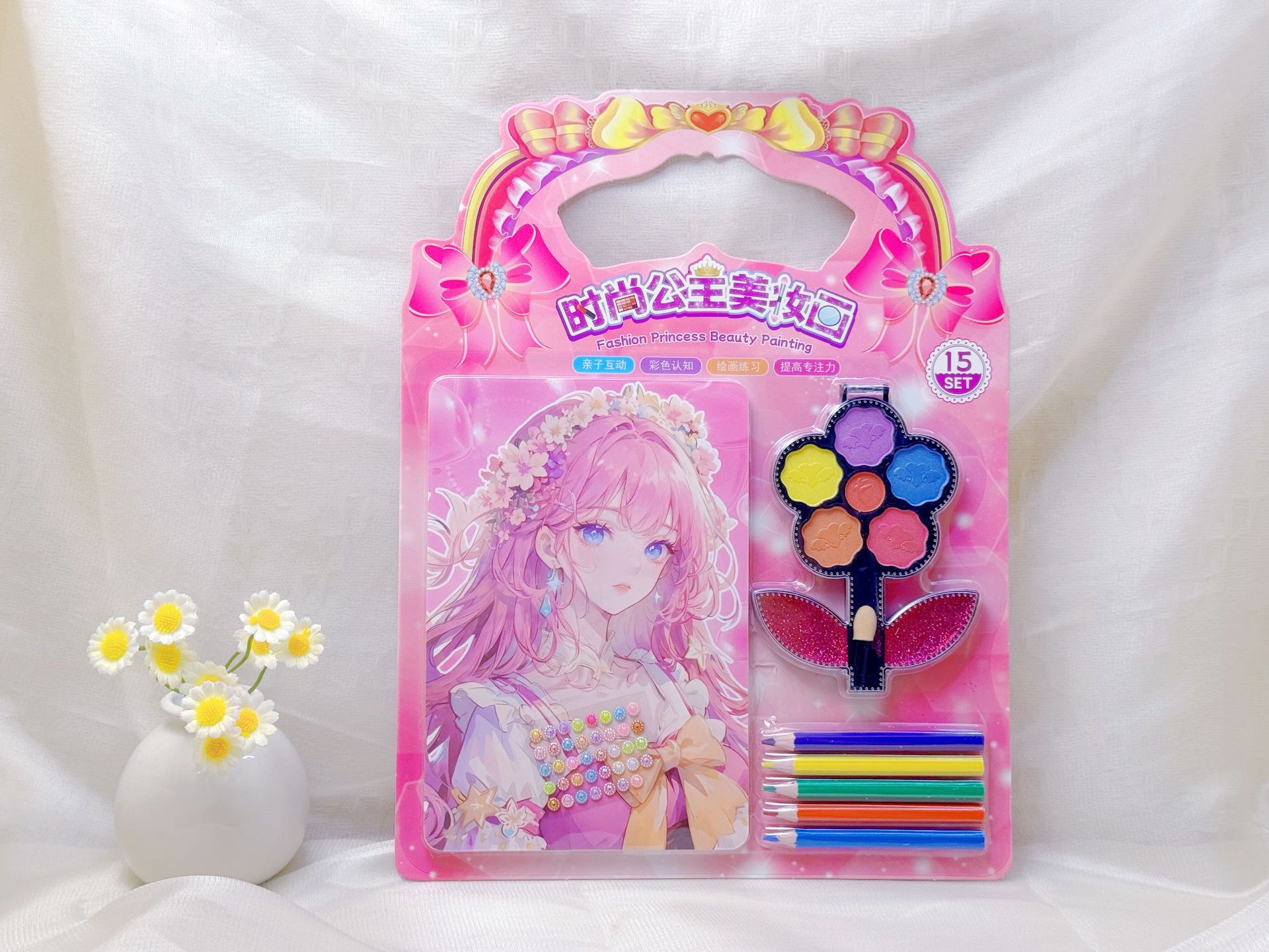 批发儿童彩妆贴画DIY填色涂鸦化妆贴画彩画彩铅钻贴6只笔一卡4张详情8