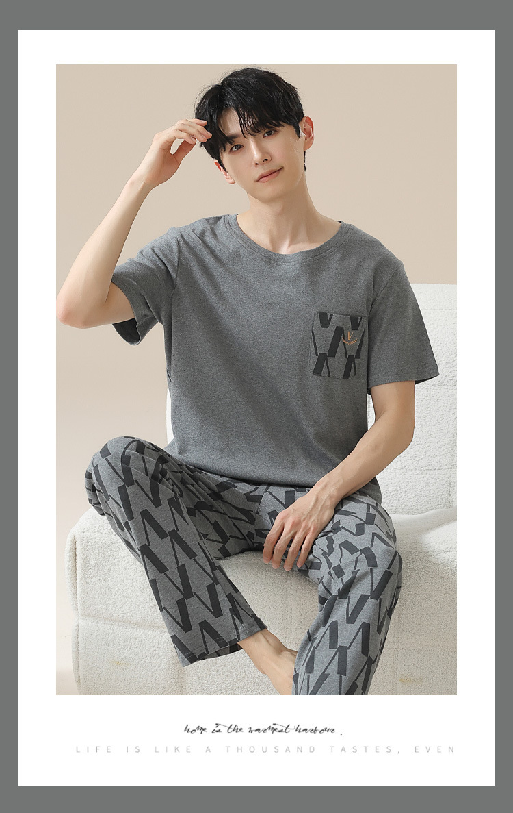 Summer pure cotton pajamas for men, cartoon casual short-sleeved shirts and long pants, pure cotton comfortable home wear, summer youth student set pic 98