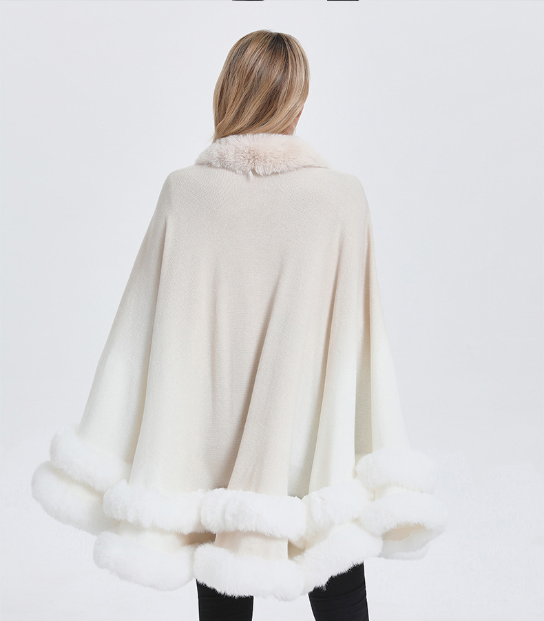 厂家定制 外贸亚马逊双层毛领斗篷披肩仿狐狸毛毛领披风加工开衫详情13