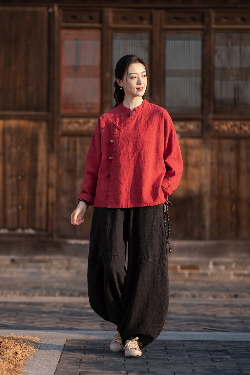 2025春夏新款棉麻女装复古立领偏襟拼色砂洗盘扣上衣长袖女式衬衫详情21
