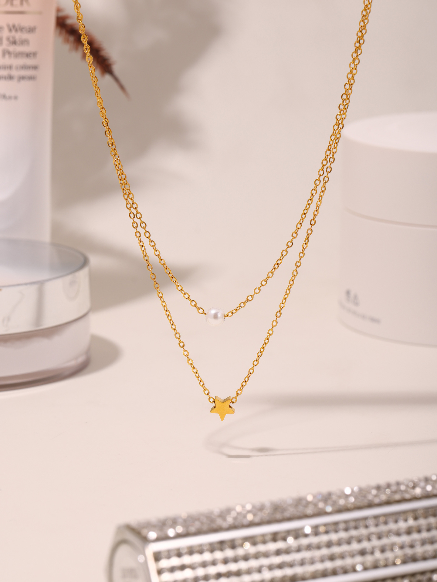 谜丽 星星贝珠设计感多层项链欧美风热销通勤叠戴钛钢18K真金饰品详情12