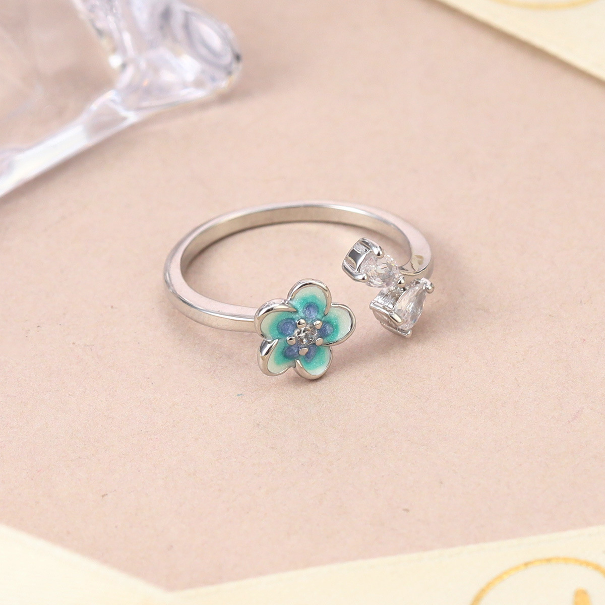 森系珐琅高级感锆石彩色戒指可调节小众设计不掉色花朵指环开口戒详情34