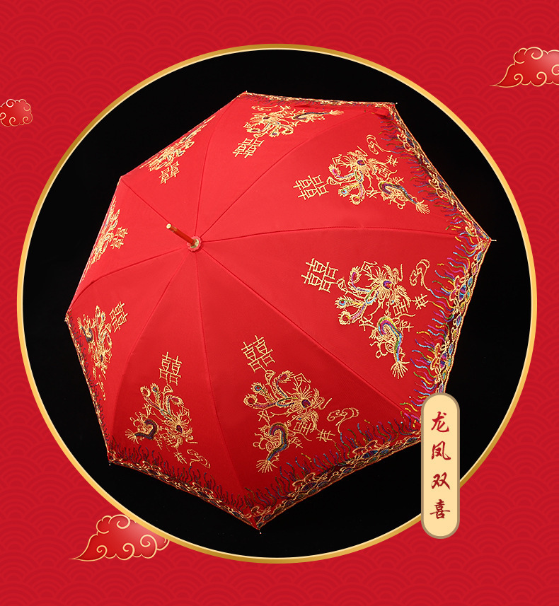 婚庆新娘伞红伞结婚用品红色雨伞长柄大红色订婚出嫁蕾丝花边红HC国潮详情12