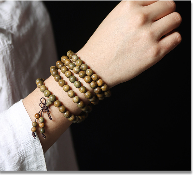 Natural green sandalwood 108-bead Buddhist prayer beads bracelet for men and women, 0.8 bracelet, ethnic ancient style, hand-held pic 10