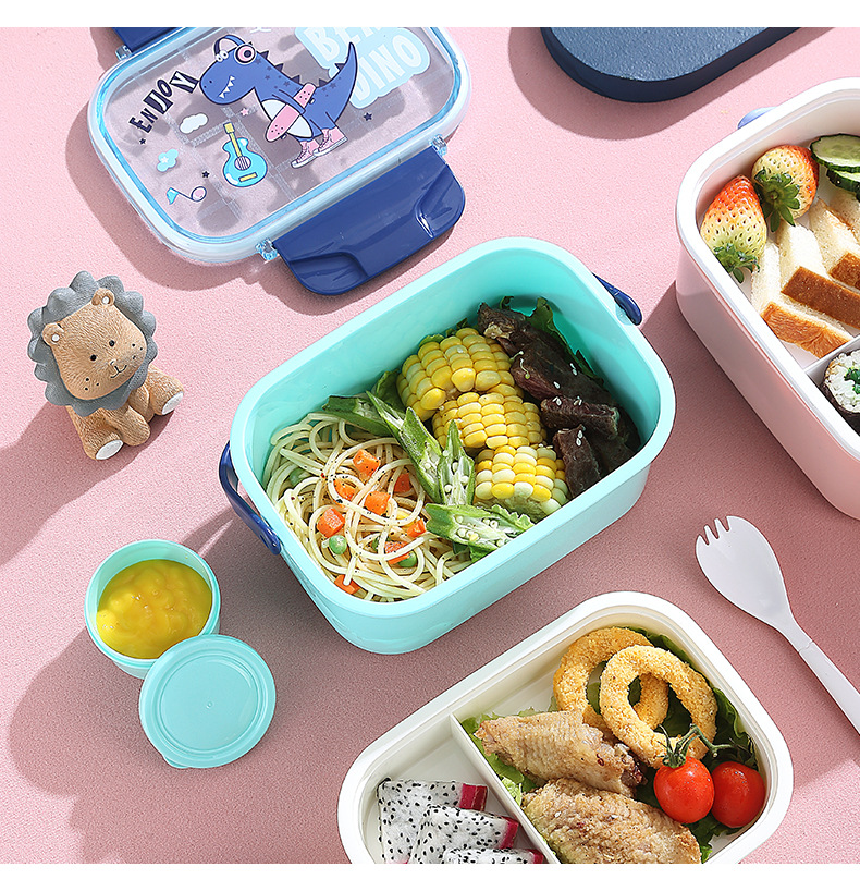 宇航员恐龙独角兽卡通双层手提饭盒户外野餐盒便当可微波带酱料杯详情10
