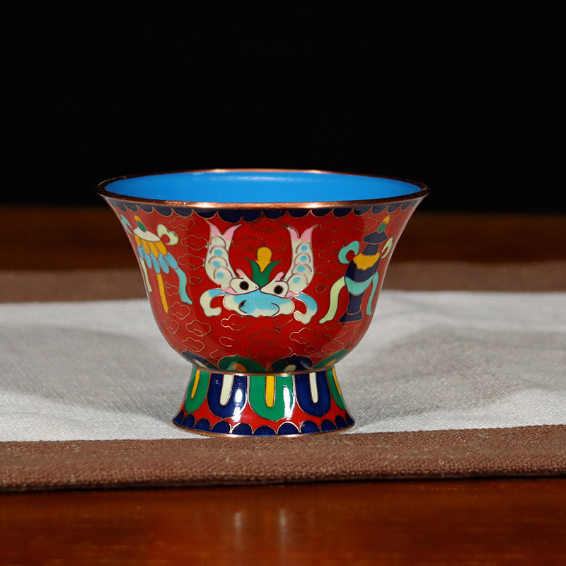 Jingtai blue Eight-Treasure bowl, a Buddhist ritual object, plain copper cloisonne, low-temperature enamel, polished, high-legged, eight-auspicious offering bowl, water bowl pic 3