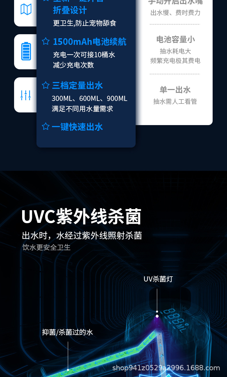 新款桶装水抽水器电动饮水机纯净水矿泉水出水取水压水带UVC杀菌详情4