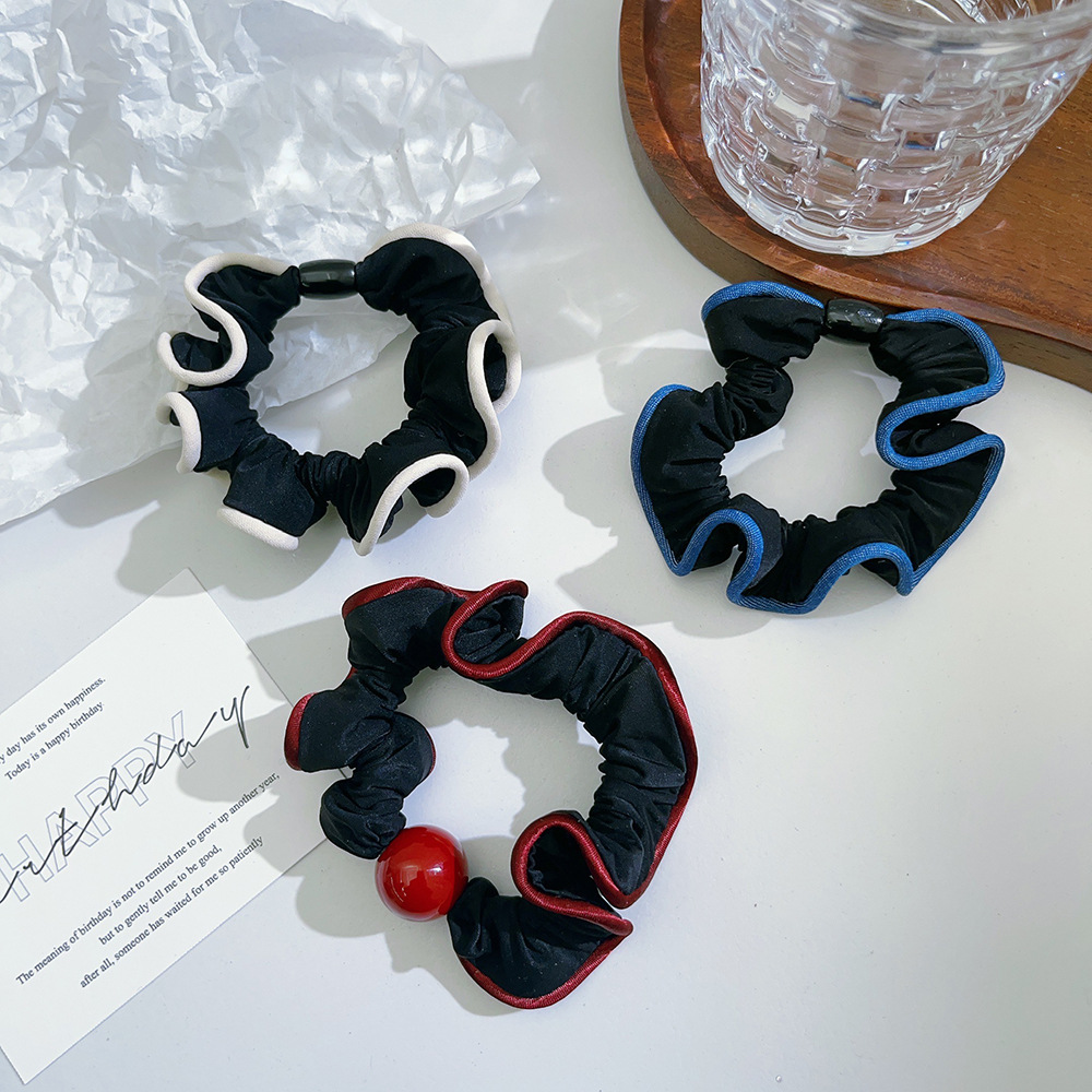 Korean-style color-blocked black fungus fringe small intestine ring hair band lace hair tie ponytail pearl hair tie leather band hair accessory pic 2