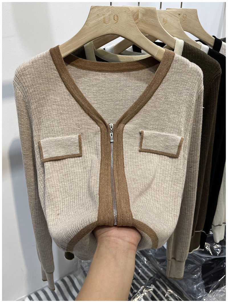 A 200-pound large-sized chanel-style knitted cardigan for early autumn, a V-neck double zipper loose, waist-cinching and slimming base layer for women pic 24