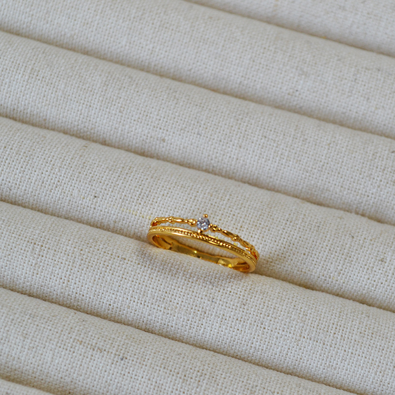 日系小众轻奢复古简约双层线条锆石闪钻黄铜镀金叠戴细戒指食指戒详情9