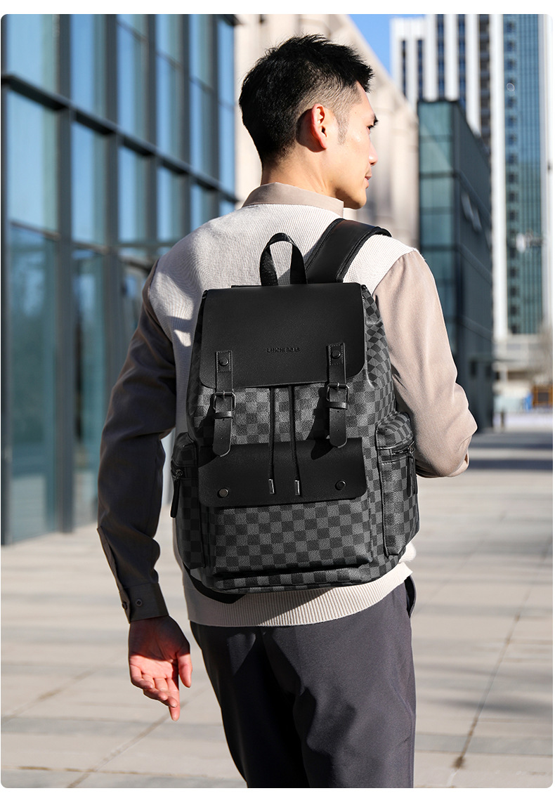双肩包男士格子通勤休闲上班族背包大容量商务旅行出差工作电脑包详情17