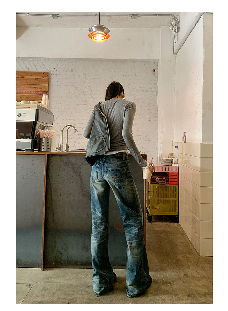 【今茵】新款美式复古水洗做旧中低腰无弹微宽松喇叭拖地牛仔裤女详情19