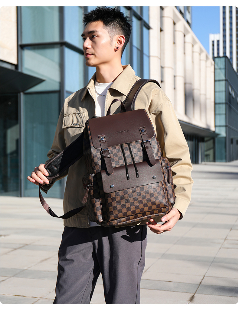 双肩包男士格子通勤休闲上班族背包大容量商务旅行出差工作电脑包详情16