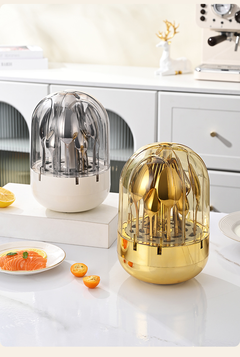 Cross-border Mood egg stainless steel Western cuisine knife, fork and spoon tableware 24-piece set, rotatable golden egg set tableware storage rack pic 16
