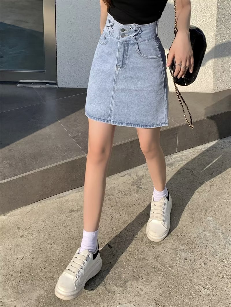 2023夏季韩版ins设计感高腰牛仔短裙女显瘦A字学生百搭包臀半身裙详情7
