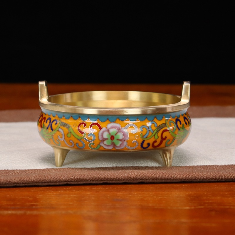 Wholesale of cloisonne incense burners and Buddhist utensils in stock. Traditional cast copper cloisonne low-temperature enamel antique straight ear burners pic 10