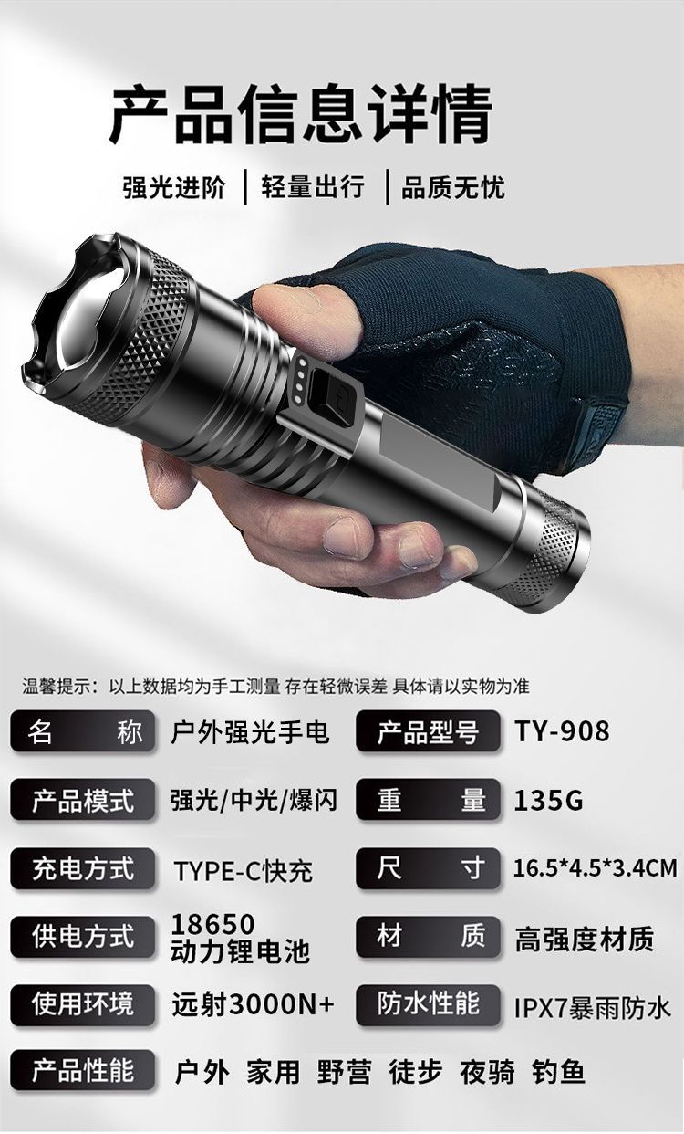 抖音跨境款强光手电筒电显可充电远射伸缩调焦高亮户外照明可代发详情17