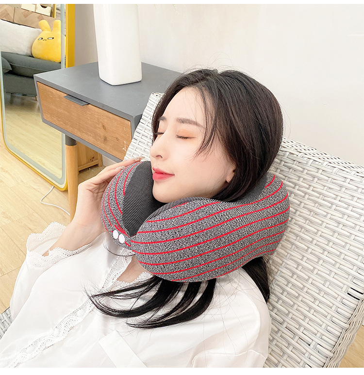 Travel rest airplane pillow, office nap neck protection pillow, striped magnetic fabric U-shaped prone pillow, can be stored pic 18