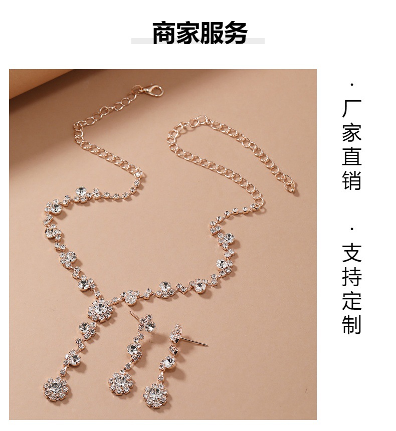 New necklace and earring set, European and American style water diamond collarbone bride accessory chain, diamond-encrusted banquet party set chain and earrings pic 11