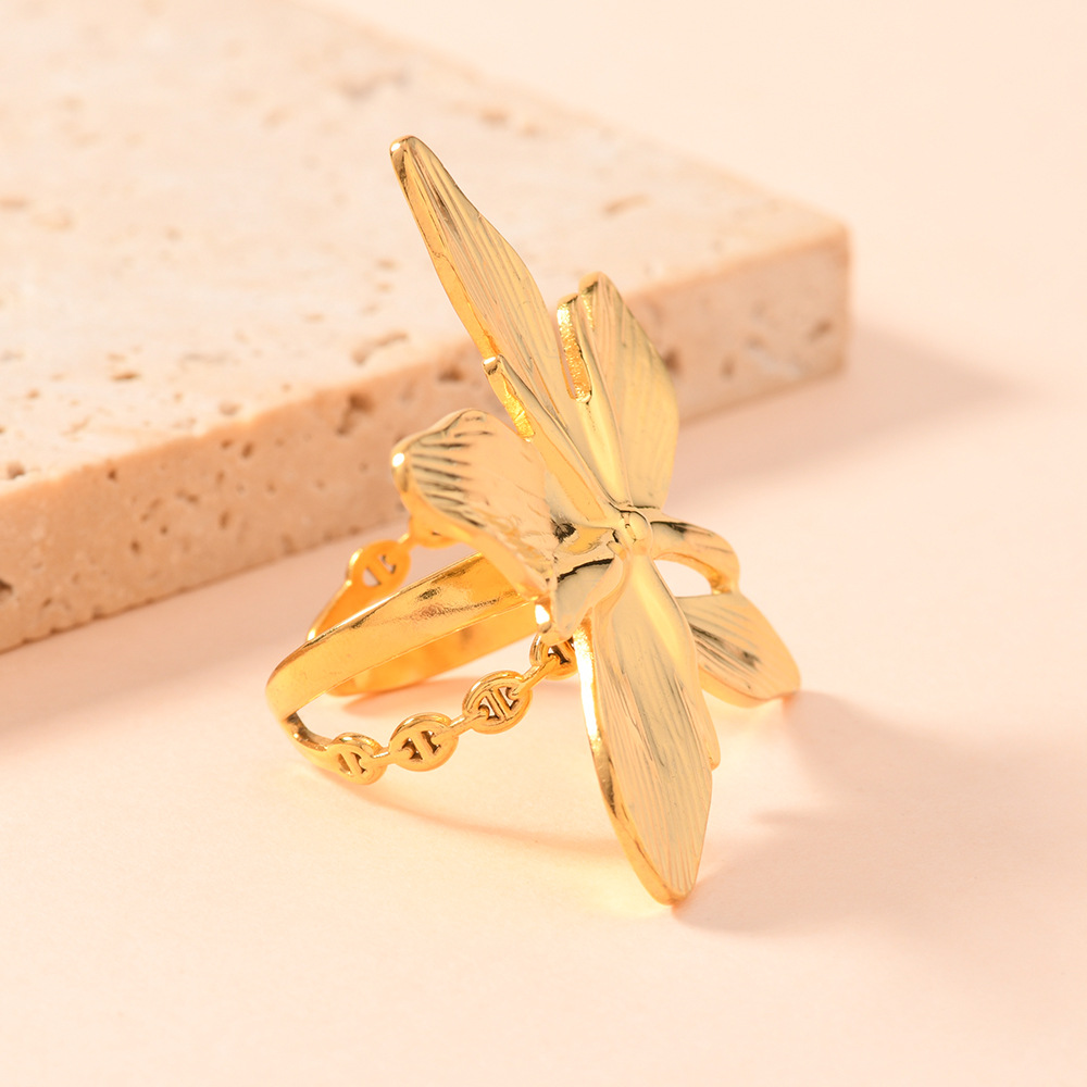 欧美跨境不锈钢戒指 夸张个性油压花朵开口戒高级感镀18k金手饰品详情6