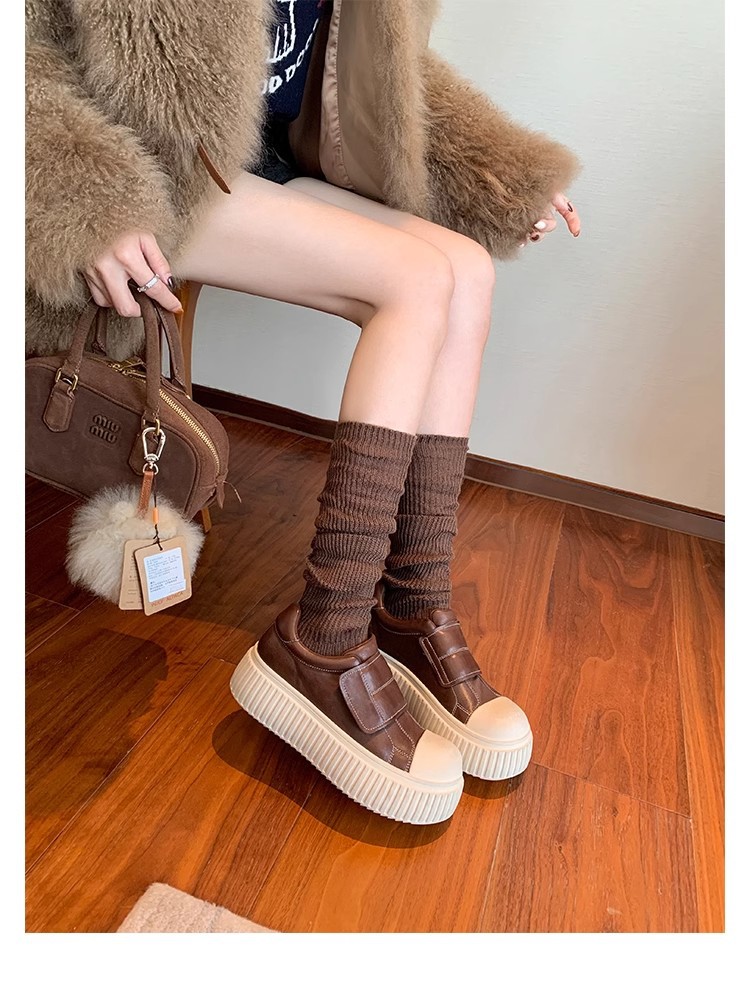 葡萄妈同款水洗马皮圆头魔术贴百搭厚底低帮休闲饼干板鞋女详情28