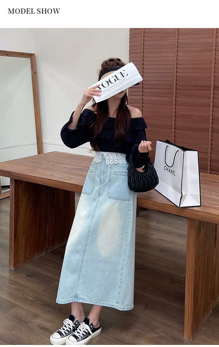 Original long denim skirt for Spring/Summer 2024, new design sense, lace patchwork high-waisted A-line skirt pic 6