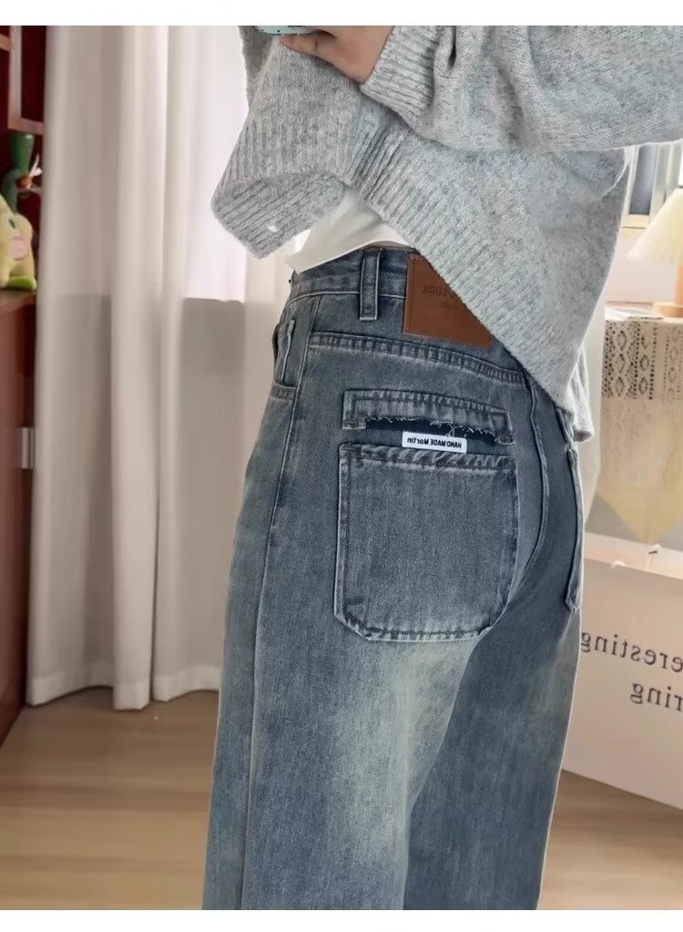 复古蓝直筒牛仔裤女春季新款高腰胖mm显瘦梨形身材宽松阔腿长裤子详情7