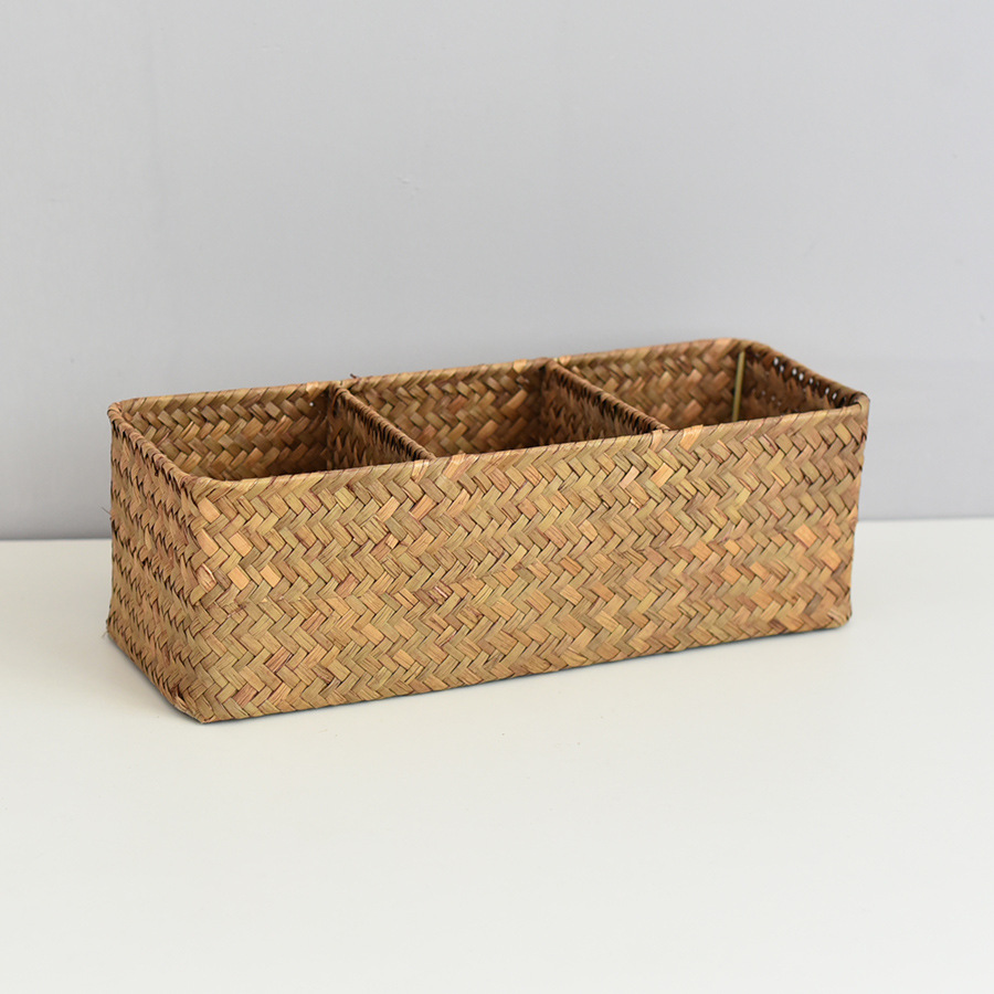 桌面复古海草收纳盒分格杂物收纳筐遥控器收纳篮藤编化妆品整理盒详情11