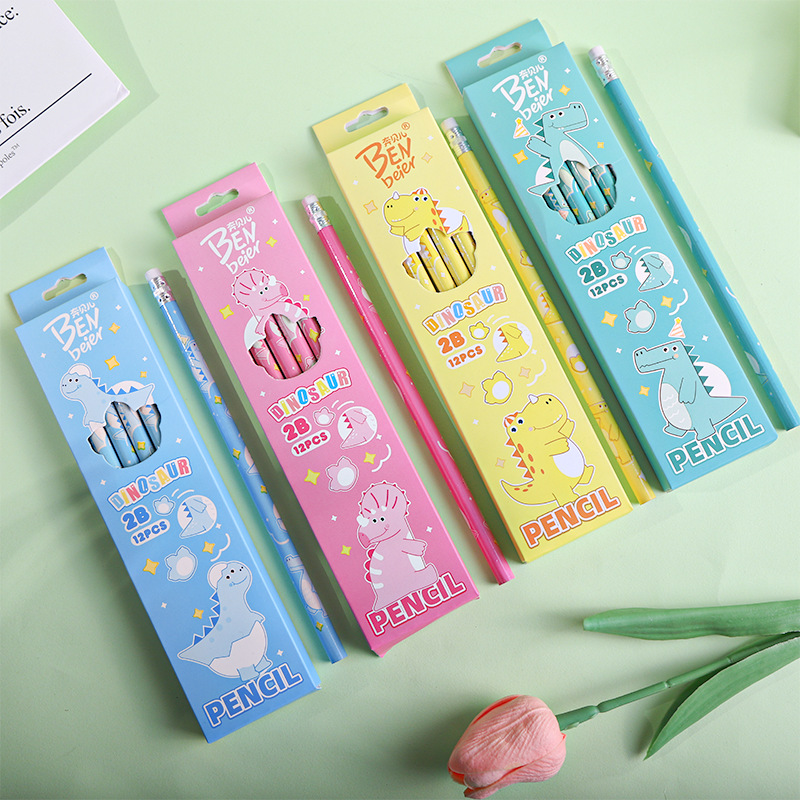 New cute cartoon pencils, little dinosaur 2b pencils, 12 pieces in a box, essential learning stationery for primary school students, sketching pens pic 1
