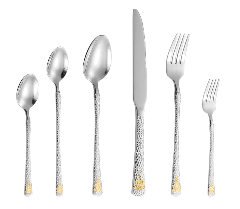Cross-border hammer-patterned stainless steel knives, forks and spoons, high-end and light luxury dining spoons and forks, gold-plated steak knives, elegant Western dining gift tableware pic 9