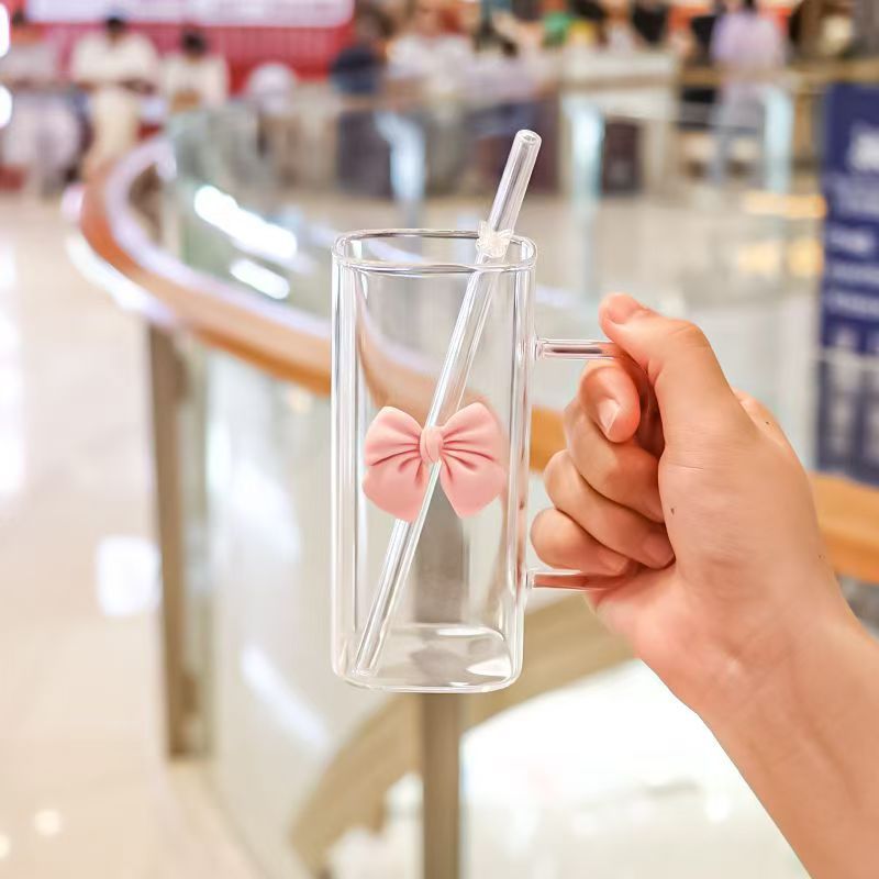 Ins-style square bow glass cup with handle, high appearance level, high-temperature resistant, cute fairy pink straw water cup pic 4