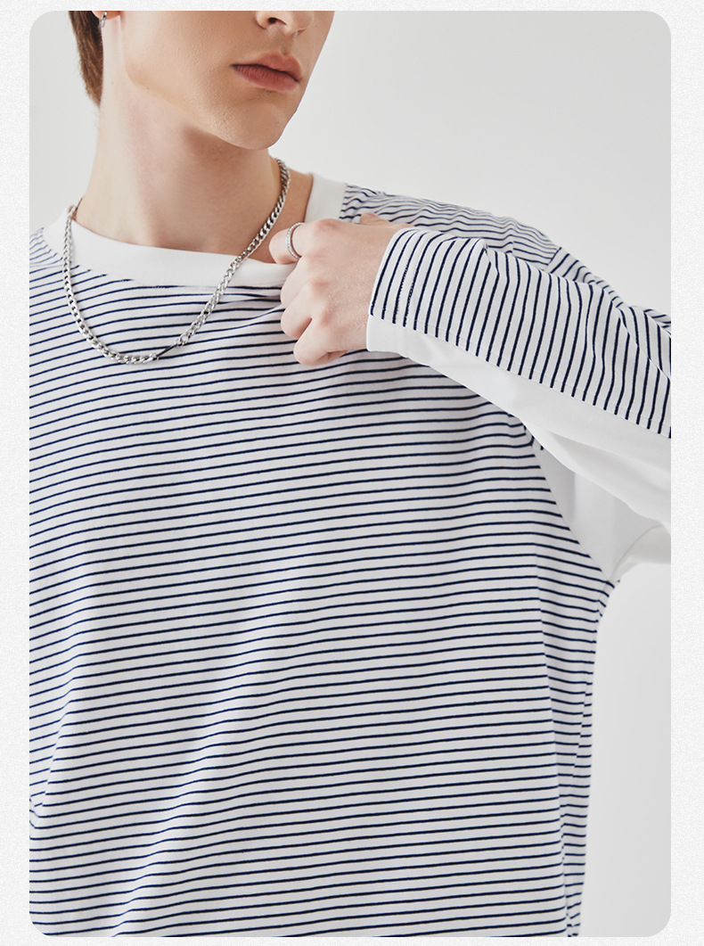 APO男装|撞色条纹长袖T恤男士春秋季潮牌宽松圆领内搭上衣打底衫详情15