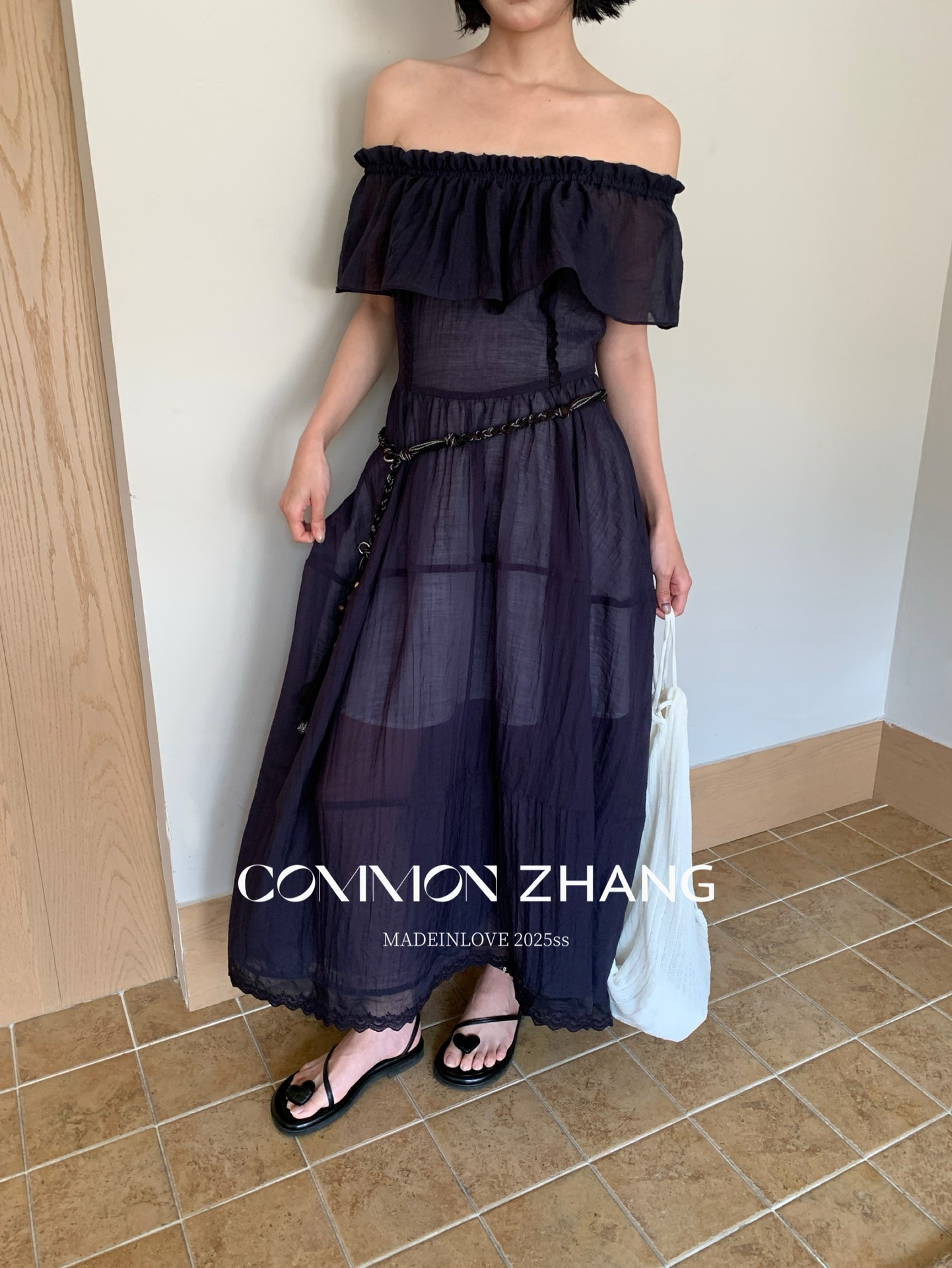 CZ ZHANG Summer French lace patchwork one-shoulder off-the-shoulder sexy slightly transparent texture dress for women B26857 pic 25