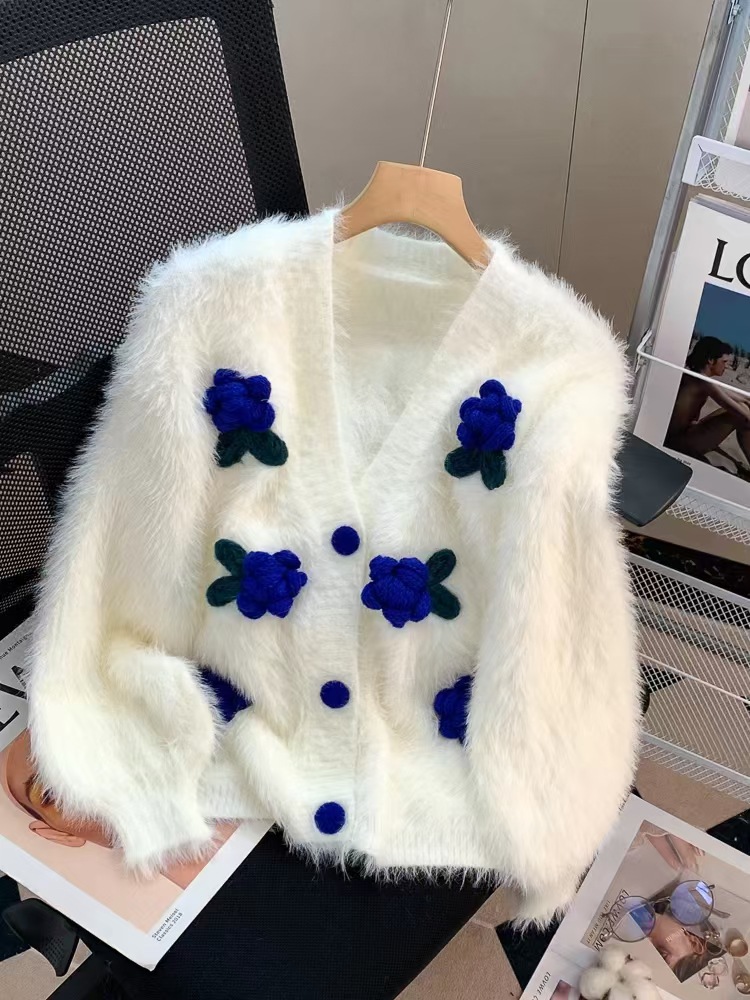 A new autumn loose and thick long-sleeved knitted sweater in solid color for women, featuring a little chanel-style rose sweater cardigan pic 2