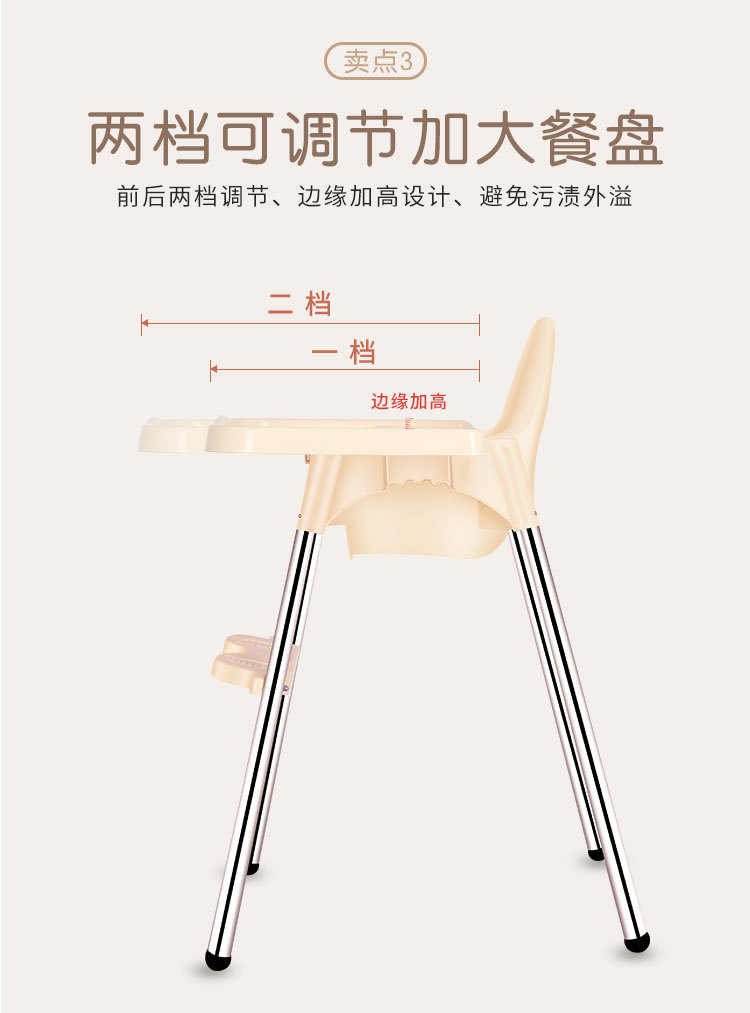宝宝不锈钢材质儿童调节餐椅 儿童多功能餐椅家具可调档儿童餐椅详情8