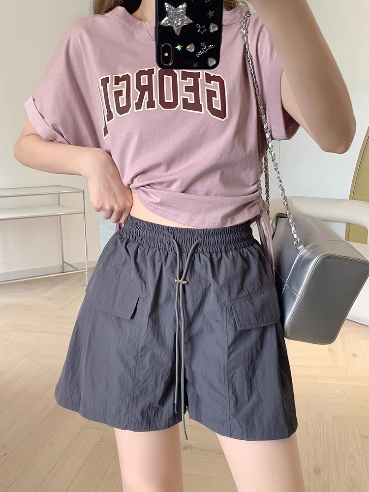 工装阔腿短裤女夏季2023新款高腰抽绳宽松直筒裤显廋A字短裤子ins详情9